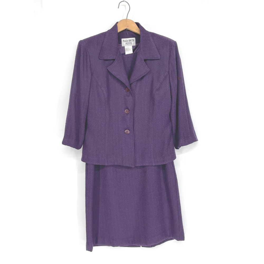 Plaza South Petite Womens Dress Suit 10P Skirt Set Purple Herringbone Business